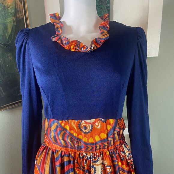 Vintage 60s 70s Paisley Psychedelic Ruffle Hostess Maxi Dress Large L Polyester - Picture 2 of 14